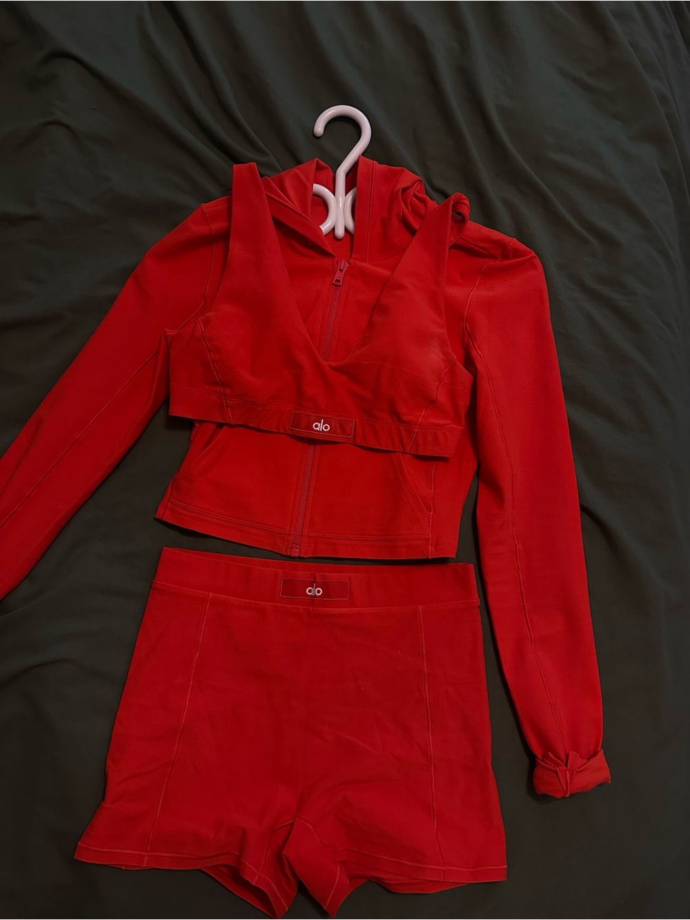 ALO Yoga Red Cropped Zip Bomber Jacket & Active Set